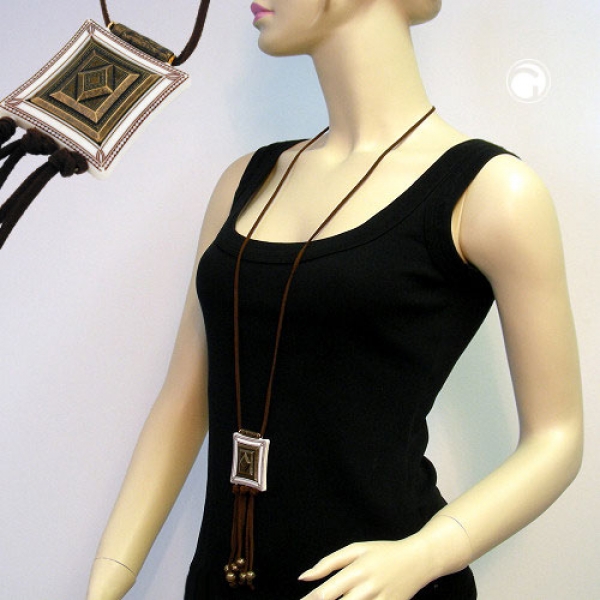 Halskette Kunststoff Viereck elfenbein-altmessingfarben Velourband dunkelbraun 100cm