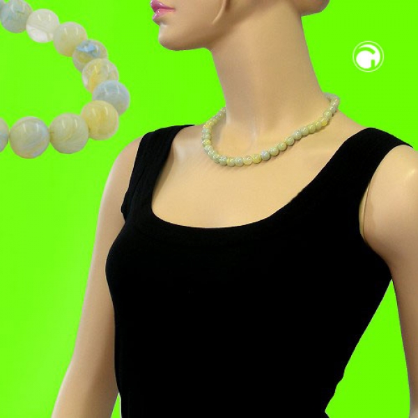 Halskette 10mm Kunststoffperlen türkis-grün-weiß-gelb marmoriert mit Perle 45cm