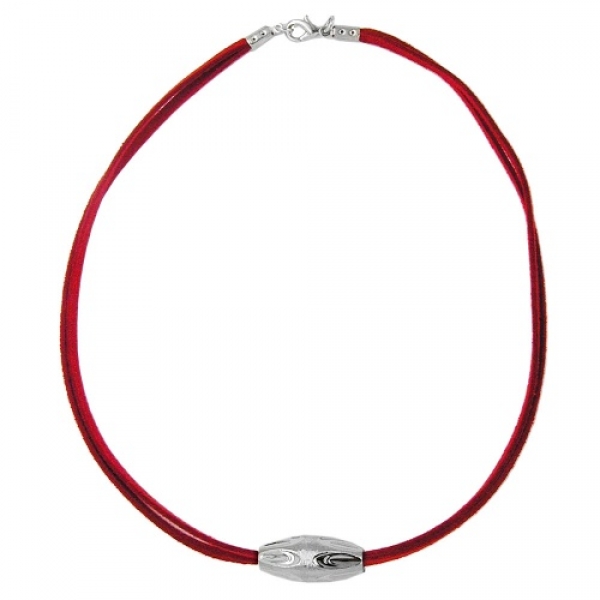 Halskette Kunststoffperle Rillenolive chromfarben glänzend Velourband rot 42cm, ohne Dekoration