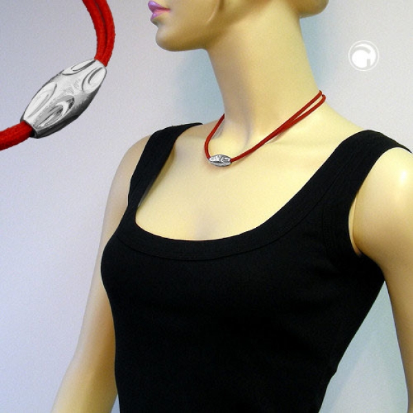 Halskette Kunststoffperle Rillenolive chromfarben glänzend Velourband rot 42cm