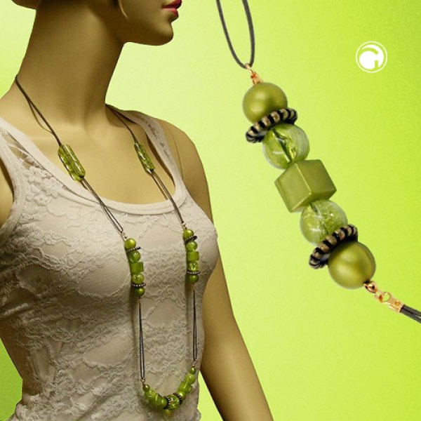 Halskette, oliv-seide, oliv-transparent
