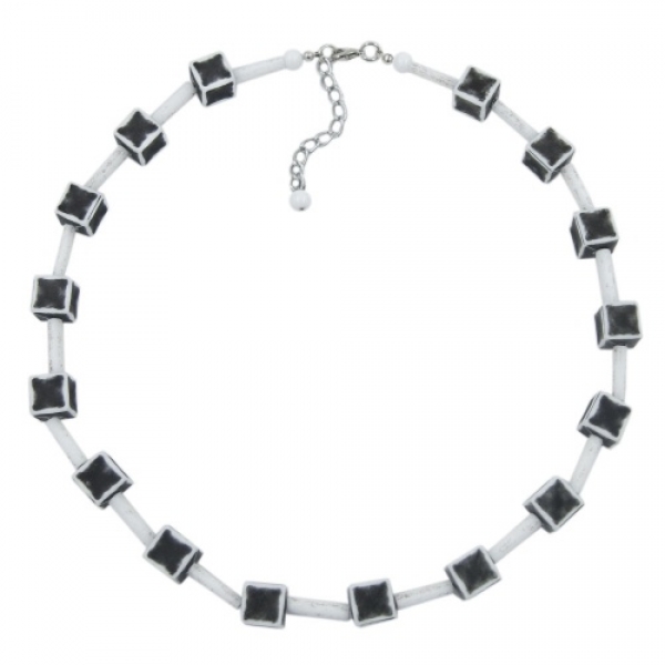 Halskette Kunststoffperlen Würfel 10x10mm schwarz-grau-weiß 45cm, ohne Dekoration