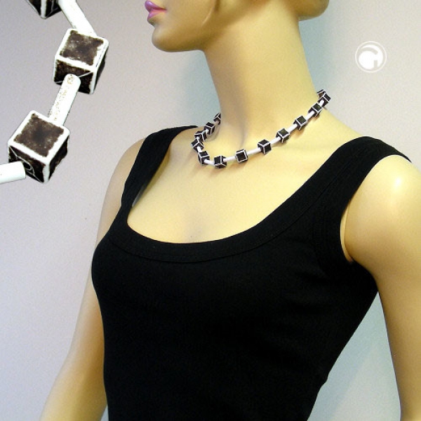 Halskette Kunststoffperlen Würfel 10x10mm schwarz-grau-weiß 45cm