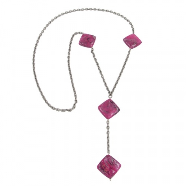 Halskette Kunststoffperlen Viereck pink-marmoriert Ankerkette Eloxal grau 95cm, ohne Dekoration