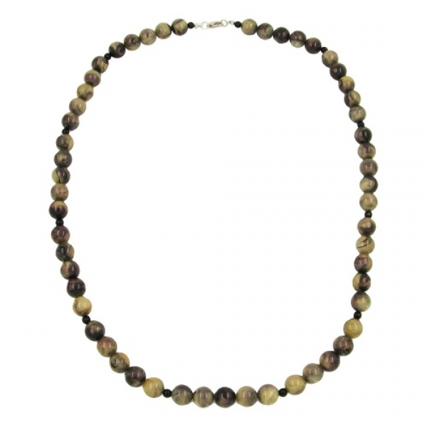 Halskette, Perlen 12mm oliv-schwarz-marmor