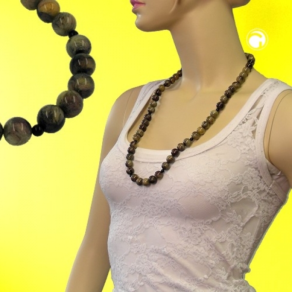 Halskette, Perlen 12mm oliv-schwarz-marmor