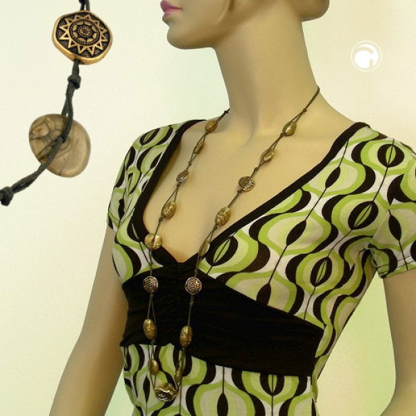 Halskette Kunststoffperlen Schmuckperle olivgrün-seidig altgoldfarben Kordel oliv 100cm