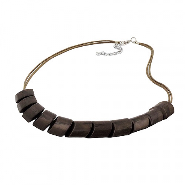 Halskette Schrägperle Kunststoff dunkelbraun-seidig-glänzend Kordel braun 45cm