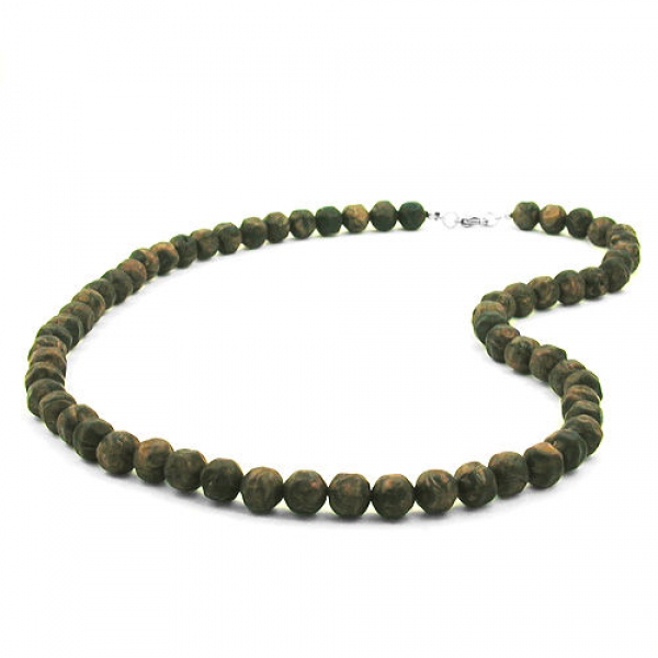 Halskette 10mm Kunststoffperlen Barockperlen olivgrün-schwarz-marmoriert 60cm, ohne Dekoration