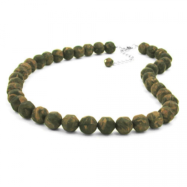 Halskette 12mm Kunststoffperlen Barockperlen olivgrün-schwarz-marmoriert 50cm, ohne Dekoration