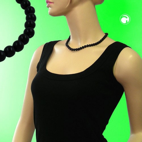 Halskette, Perle, 6mm, schwarz-glänzend