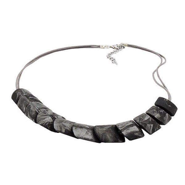 Halskette Schrägperle Kunststoff silbergrau-marmoriert-matt Kordel hellgrau 45cm, ohne Dekoration
