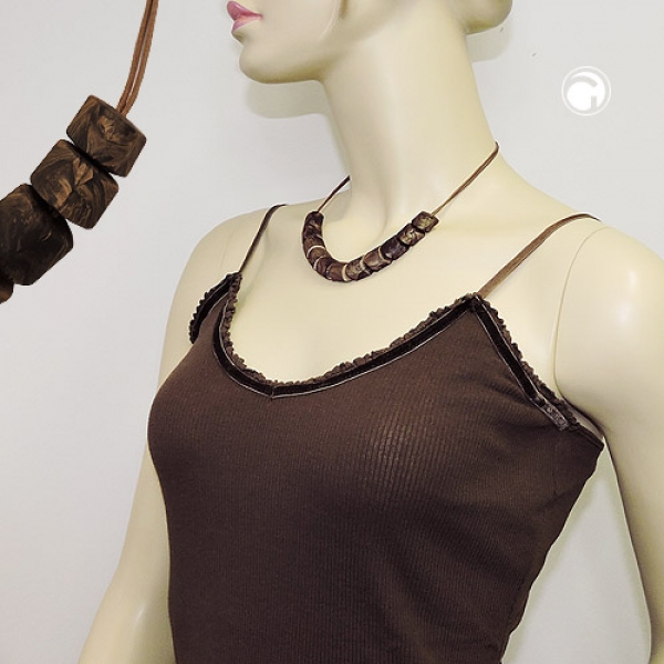 Halskette Schrägperle Kunststoff dunkelbraun-marmoriert Kordel hellbraun 45cm