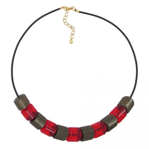 Halskette Schrägperle Kunststoff rot-transparent und schlammfarben Vollgummi schwarz 45cm