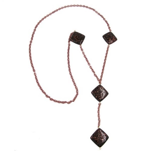 Halskette Kunststoffperlen Viereck schwarz-kupfer-gesprenkelt Ankerkette Eloxal braun 100cm, ohne Dekoration