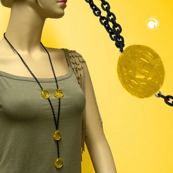 Halskette Kunststoffperlen Krokoperle gelb Ankerkette Eloxal schwarz 100cm