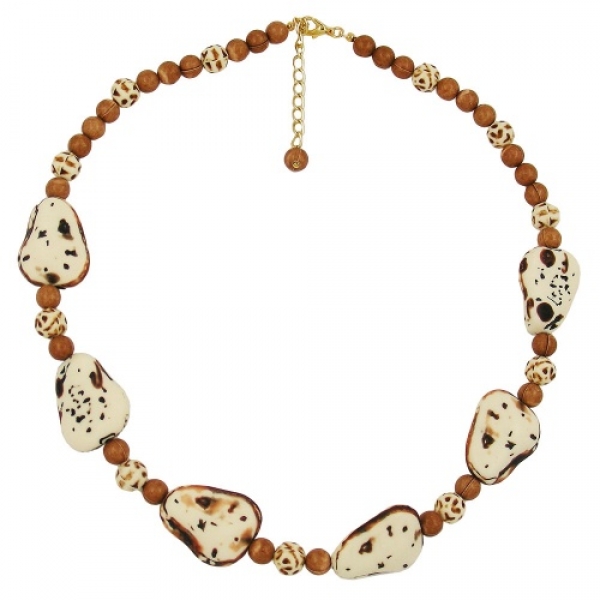 Halskette Kunststoffperlen Steinperle elfenbein-beige-braun 53cm, ohne Dekoration