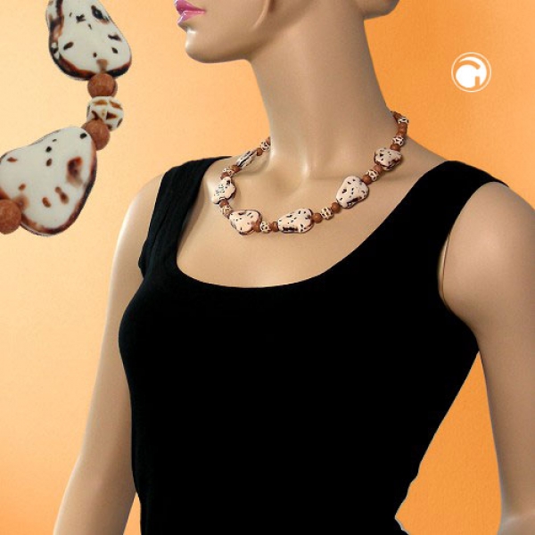 Halskette Kunststoffperlen Steinperle elfenbein-beige-braun 53cm