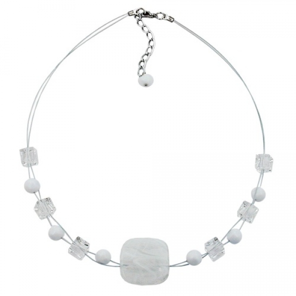 Halskette Drahtkette flaches Viereck weiß-transparent-marmoriert Kunststoffperlen 42cm