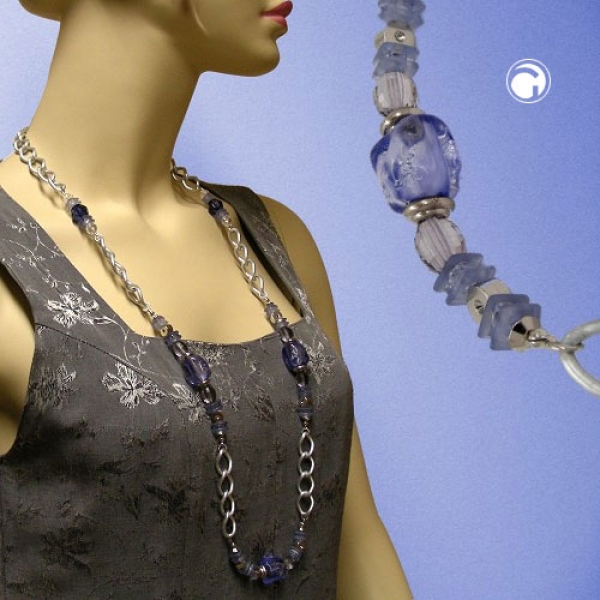 Halskette Kunststoffperlen Steinperle blau Weitpanzerkette Aluminium hellgrau 90cm