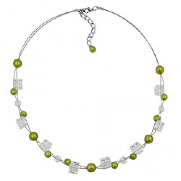 Halskette Drahtkette Würfel oliv-seidig und transparente Kunststoffperlen 42cm