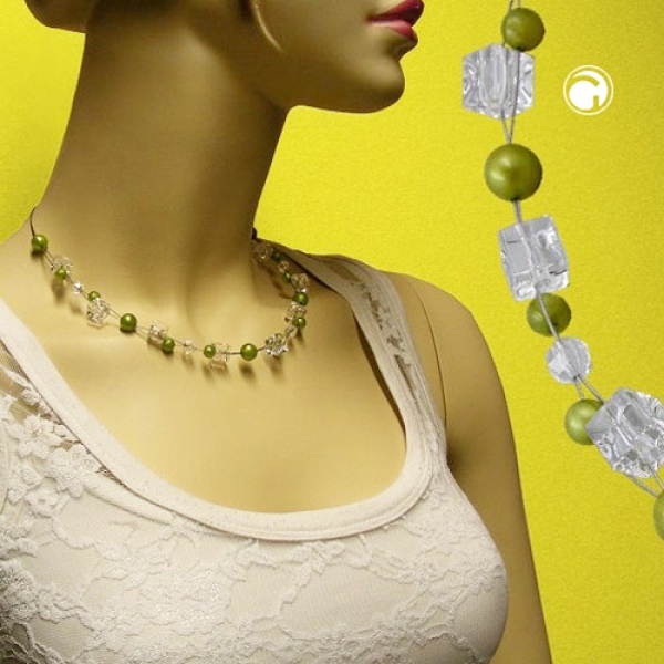 Halskette Drahtkette Würfel oliv-seidig und transparente Kunststoffperlen 42cm