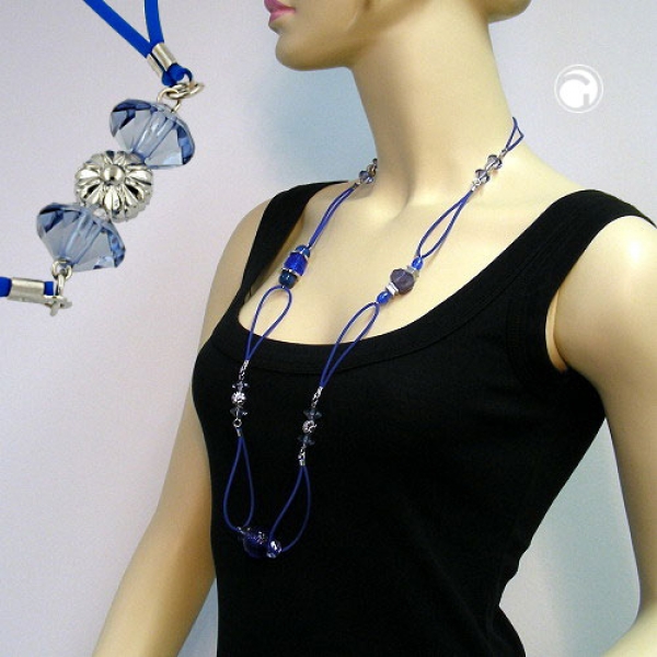 Halskette Kunststoffperlen blau transparent silberfarben Vollgummi blau 90cm
