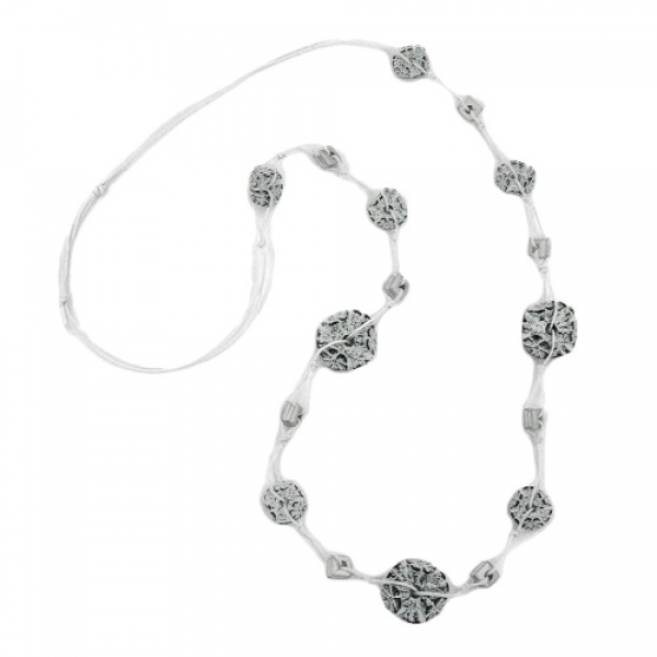 Halskette Kunststoffperlen Blumenringe schwarz-weiß Kordel weiß 100cm, ohne Dekoration