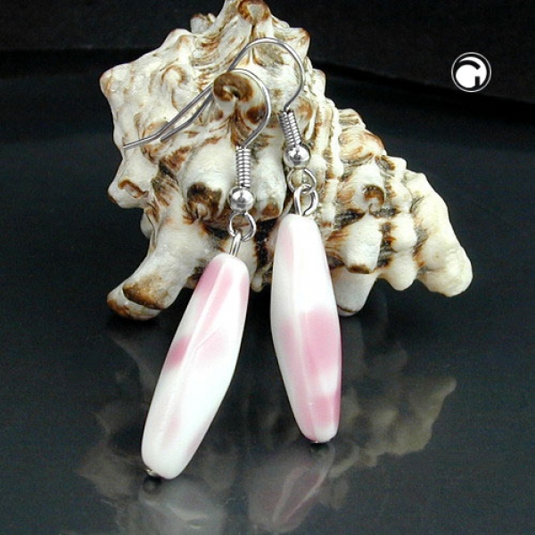 Ohrhaken Ohrhänger Ohrringe 46x7mm Vierkantolive Glas weiß-rosa