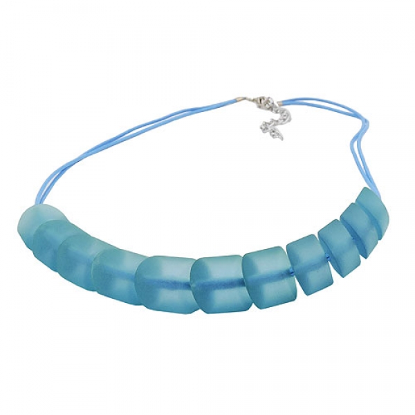 Halskette Schrägperle Kunststoff türkis-transparent-matt Kordel hellblau 45cm