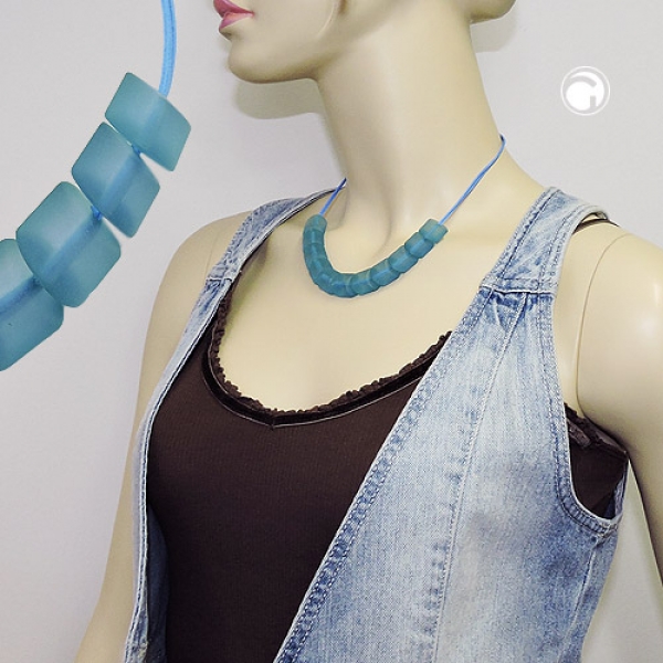 Halskette Schrägperle Kunststoff türkis-transparent-matt Kordel hellblau 45cm