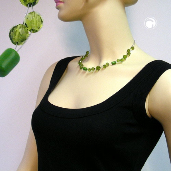 Halskette Drahtkette mit Glasperlen grün und oliv-transparent 43cm