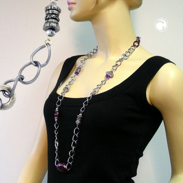 Halskette Kunststoffperlen lila-altsilberfarbene Weitpanzerkette Aluminium dunkelgrau 95cm