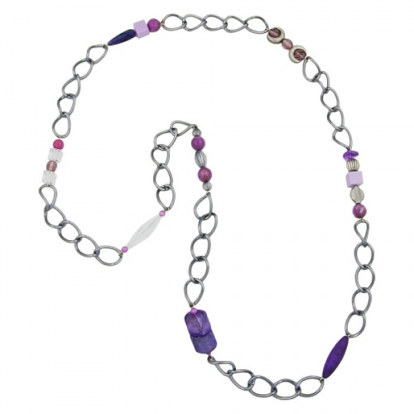 Halskette Kunststoffperlen lila kristall altsilberfarben Weitpanzerkette Aluminium dunkelgrau 95cm, ohne Dekoration