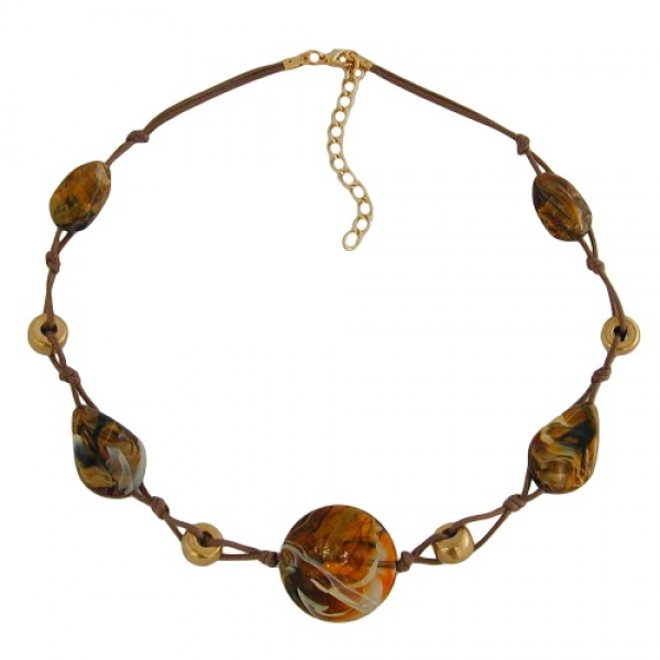 Halskette Kunststoffperlen braun-beige-gold-marmoriert Kordel braun 45cm