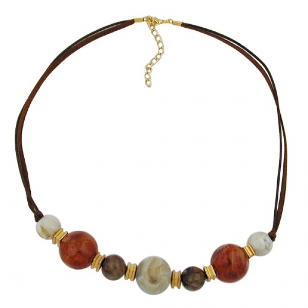 Halskette Kunststoffperlen natur-braun-karamel-goldfarben Kordel braun 55cm, ohne Dekoration