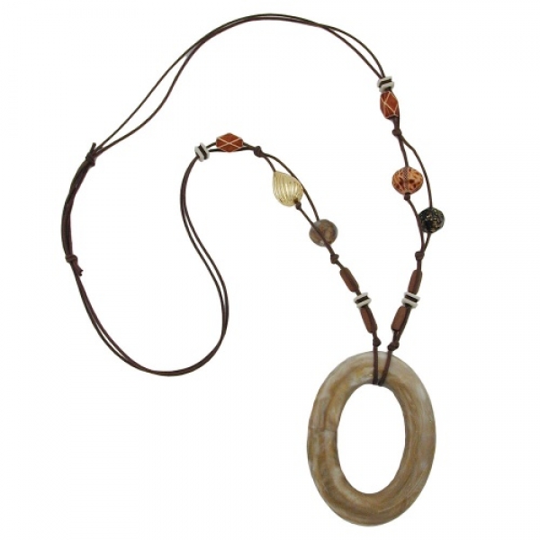 Halskette 88x66mm Ring braun-beige Kunststoffperlen Baumwollkordel braun 95cm, ohne Dekoration