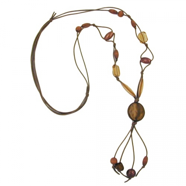 Halskette Kunststoffperlen Scheibe braun-khaki seidig Kordel hellbraun 100cm, ohne Dekoration
