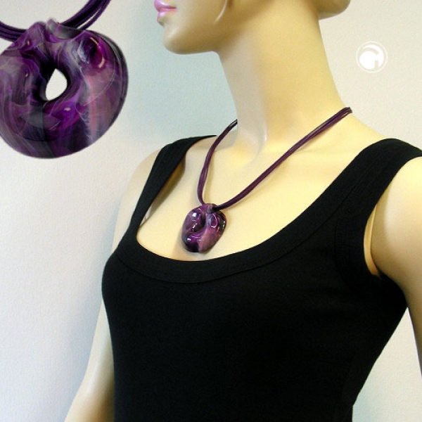 Halskette 52mm Kunststoff Anhänger Amulett lila marmoriert Kordel lila 55cm