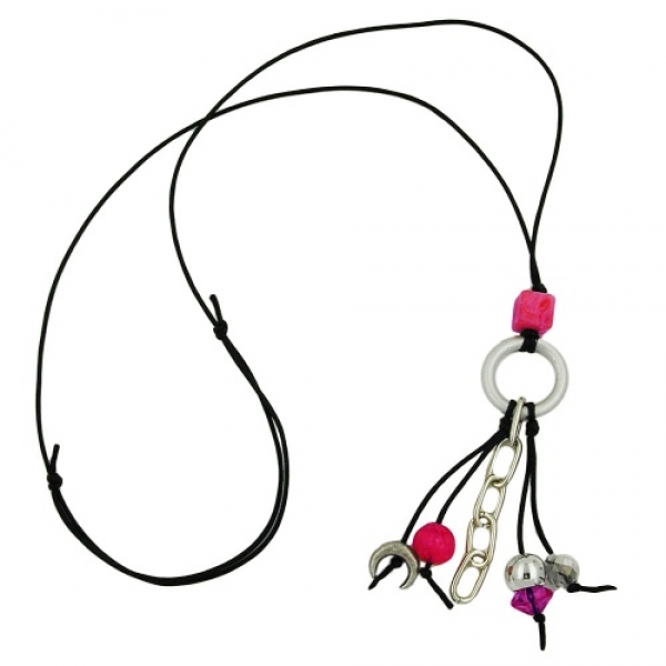 Halskette Ring Aluminium hellgrau Perlen silberfarben pink rosa Kordel schwarz 80cm, ohne Dekoration