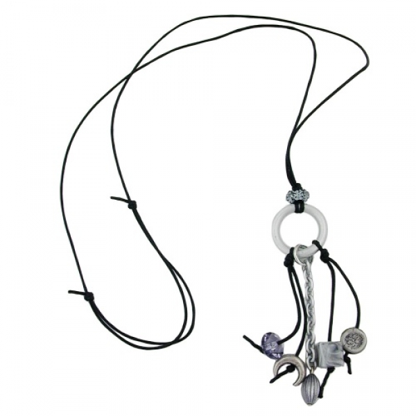 Halskette Ring Aluminium hellgrau Perlen altsilberfarben grau Kordel schwarz 80cm, ohne Dekoration