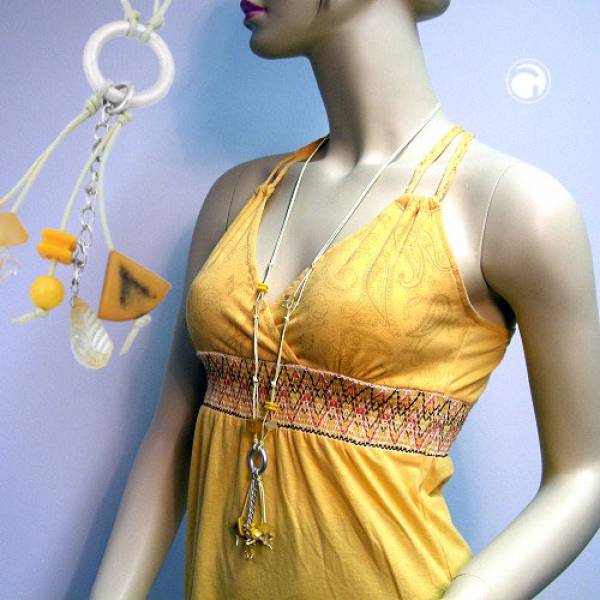 Halskette Ring Aluminium silbergrau Perlen gelb Kordel gelb 90cm