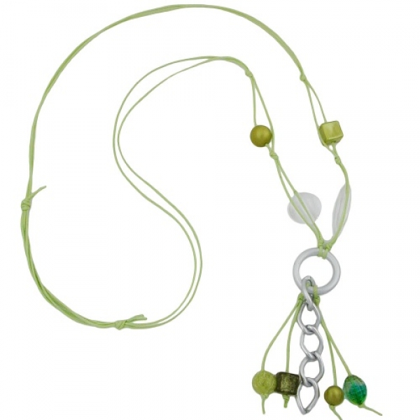 Halskette Ring Aluminium silbergrau Perlen grün Kordel hellgrün 90cm