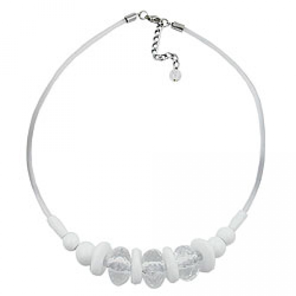 Halskette 3x Walze kristallklar-facettiert Kunststoffperlen mit Silikonschnur weiß 48cm