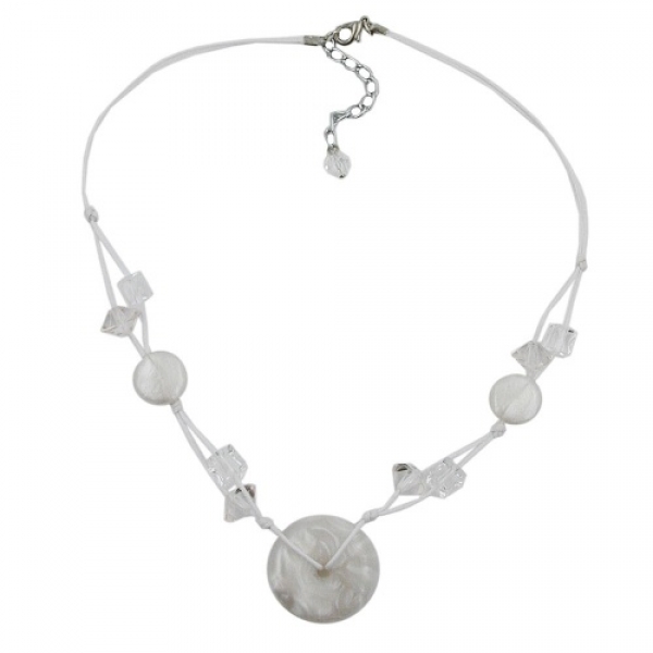 Halskette 30x11mm Kunststoffperle Scheibe weiß-seidig glänzend Kordel weiß 48cm, ohne Dekoration