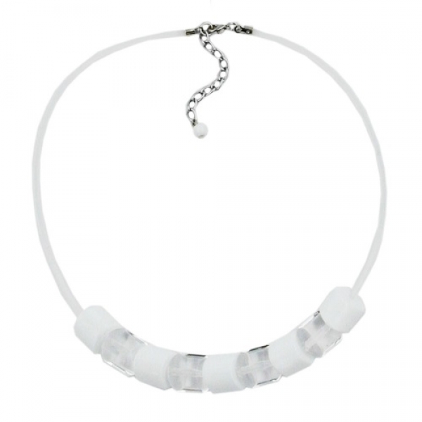 Halskette Schrägperle weiß und kristallklar Kunststoffperlen mit Silikonschnur weiß 45cm, ohne Dekoration