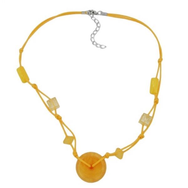 Halskette 30x11mm Kunststoffperle Scheibe gelb-seidig glänzend Kordel gelb 50cm, ohne Dekoration