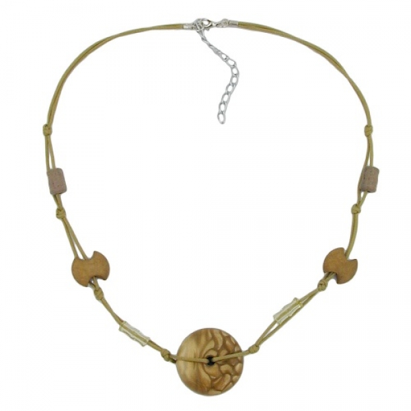 Halskette 30x11mm Kunststoffperle Scheibe oliv-seidig glänzend Kordel oliv 50cm, ohne Dekoration