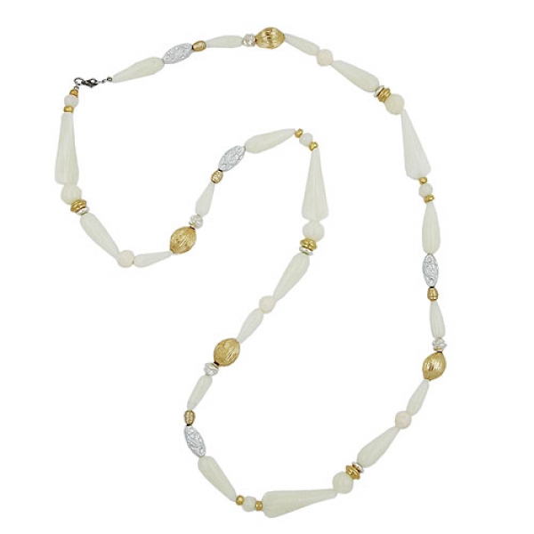 Halskette Kunststoffperlen cremefarben goldfarben extra lang 110cm, ohne Dekoration
