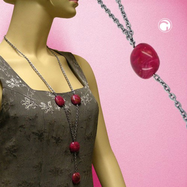 Halskette Kunststoffperlen Nugget pink-gold-marmoriert Ankerkette Eloxal grau 100cm